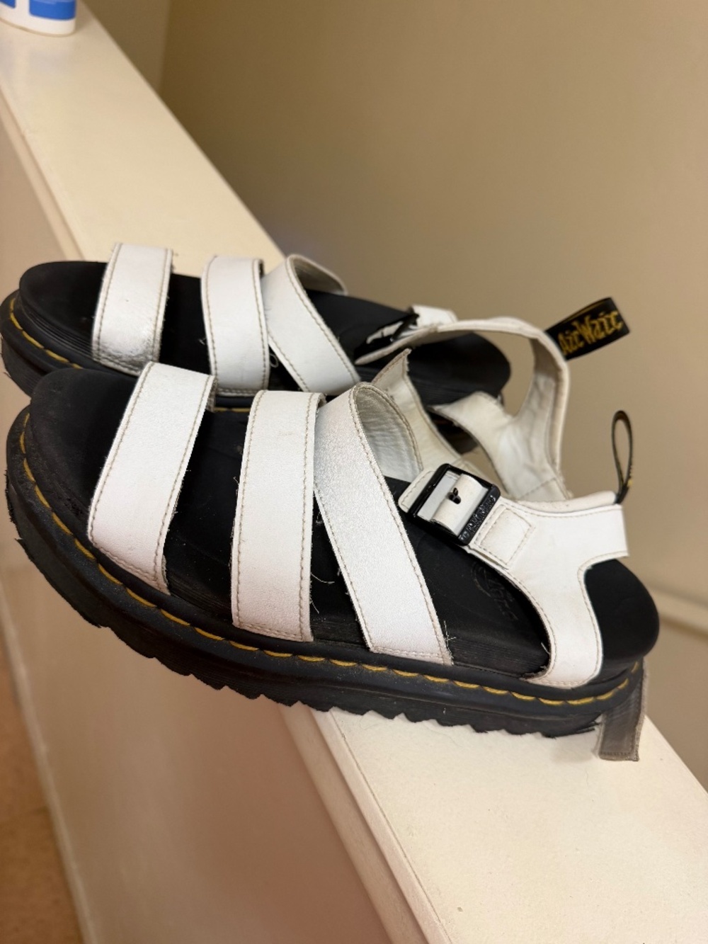 Dr. Martens White Leather Strappy Platform Sandals with Black Sole